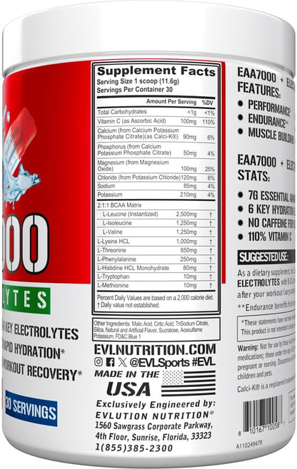 Evlution Nutrition EAA7000 + Electrolytes - Pre & Post Workout Powder - Muscle Building + Recovery Supplement - 7g EAAs + 5g BCAAs + 6 Key Electrolytes - Rapid Hydration - 30 Servings - Rocket Pop
