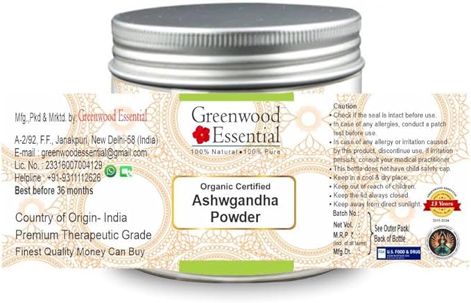 Pure Ashwgandha Powder (Withania somnifera) Organic Certified 100% Natural Therapeutic Grade 100gm (3.5 oz)