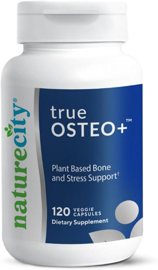 NatureCity True-Osteo+ for Bone Strength & Density | Plant Based Calcium Supplement with Organic AlgaeCal Calcium & Magnesium, Vitamin D3, K2, Silicon & Stress Support | 120 Veggie Capsules