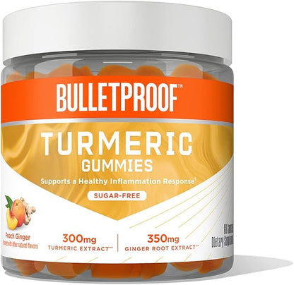 Bulletproof Sugar-Free Peach Ginger Turmeric Gummies, 60 Count, Keto Supplement for Joint and Inflammation Response Support, New and Improved Flavor and texure, Packaging May Vary