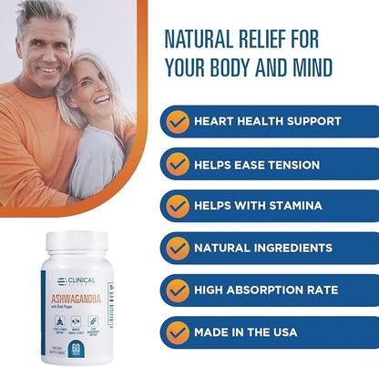 Clinical Effects Ashwagandha with Black Pepper for Stamina and Calm - 3 Pack, 180 Ashwagandha Capsules - Made in The USA
