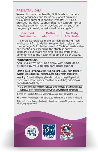 Nordic Naturals Prenatal DHA, Unflavored - 180 Soft Gels - 830 mg Omega-3 + 400 IU Vitamin D3 - Supports Brain Development in Babies During Pregnancy & Lactation - Non-GMO - 90 Servings
