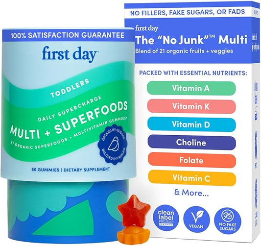 FIRST DAY Toddler Multivitamins Gummies for Kids & Toddlers Ages 2-3, Delicious Strawberry & Orange Toddler Vitamins Multivitamin with Choline, Vitamins A C D3 B1 B2 B6 B12 K2 Folate - 30 Day Supply
