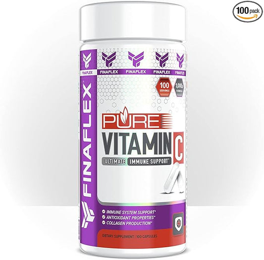 FINAFLEX Pure Vitamin C - 100 Capsules - Promotes Immune System Support & Collagen Production - 1000 mg of Vitamin C Per Serving - 100 Servings