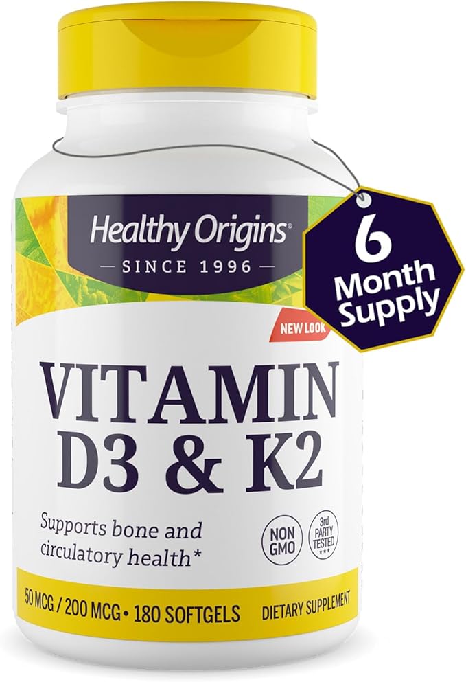 Healthy Origins Vitamin D3 & K2 - Vitamin D3, 50 mcg - Vitamin K2, 200 mcg - Easily Absorbable Vitamin D & Vitamin K Supplements - Non-GMO & Gluten-Free Supplements - 180 Softgels