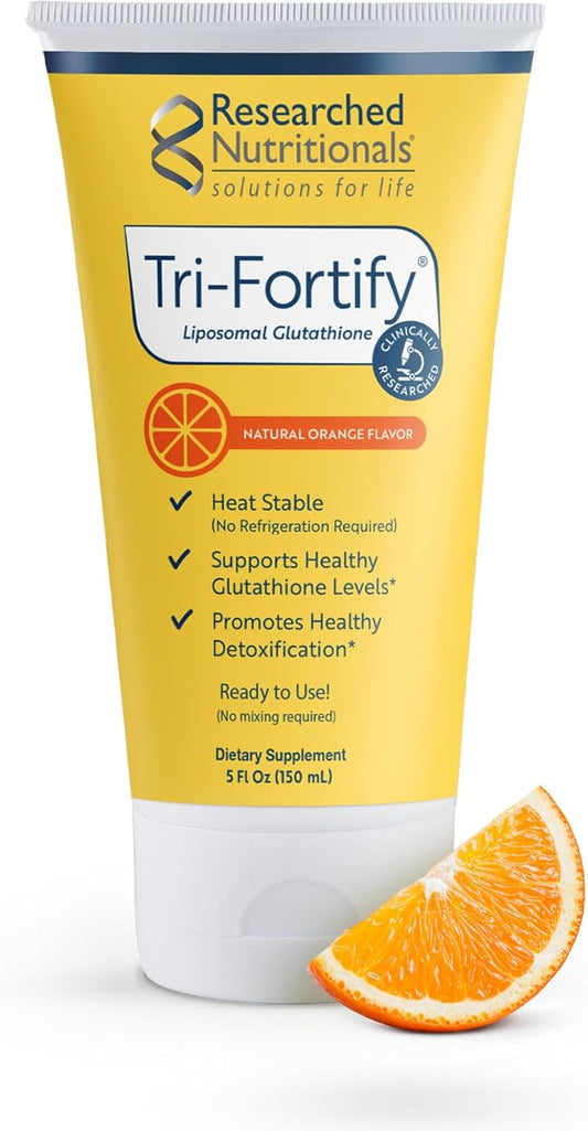 Researched Nutritionals Liposomal Glutathione (450mg) Liquid Gel + Vitamin C - Tri-Fortify - Aid Natural Energy, Immune Support & Detox - Clinically Researched for Absorption - Orange (5 Fl Oz)