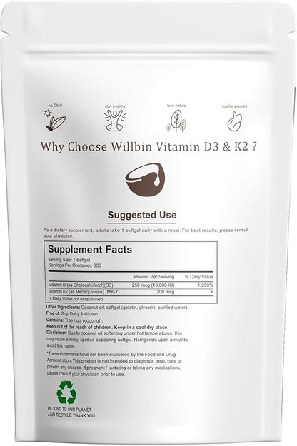 300 Pcs 2 in 1 Vitamin D3 10000 iu Plus K2 (MK-7) 200 mcg, Coconut Oil Softgels with Vitamins D & K, Supports Bone, Heart & Immune Health - Easy to Swallow & Non-GMO