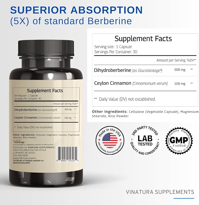 Dihydroberberine Supplement 500mg with Ceylon Cinnamon - (Patented GlucoVantage Super Berberine), Maybe Berberine 5X More absorbable - 30 Capsules