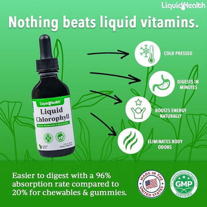 LIQUIDHEALTH Liquid Chlorophyll Drops - Internal Deodorizer, Antioxidants, Liver Detox, Immune Support, Relieve Bad Breath, Reduce Appetite, Collagen for Hair & Skin Health - Vegan, Non-GMO (3 Pack)