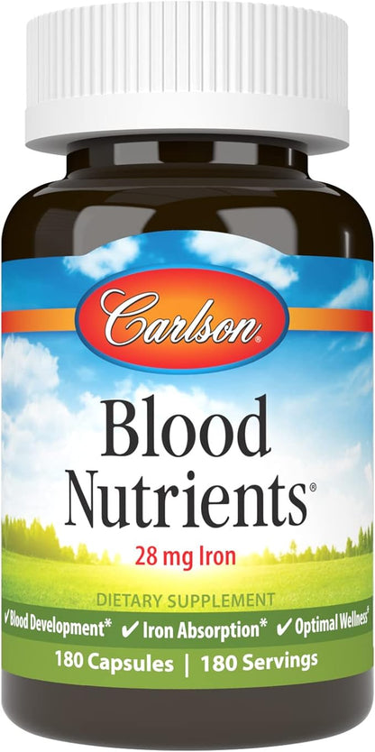 Carlson - Blood Nutrients, 28 mg Iron, Blood Development, Iron Absorption & Optimal Wellness, 180 Capsules