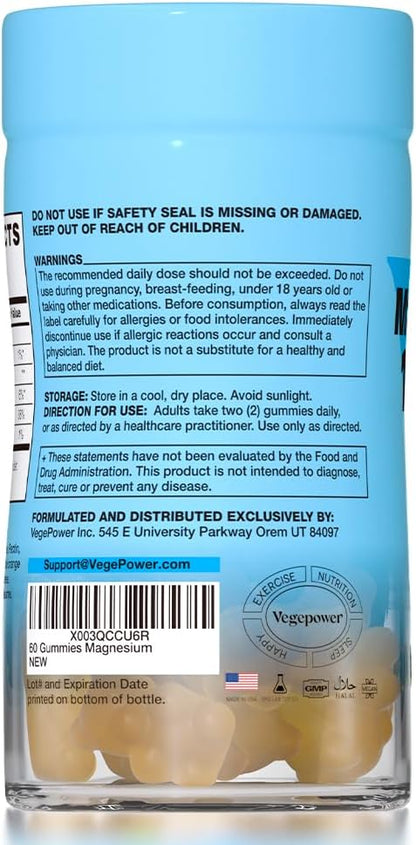 Magnesium Gummies for Kids & Adults, Magnesium Citrate Supplements for Sleep, Muscle/Bone and Relaxation, Chewable Magnesio, Mango | 60 Vegan Bears