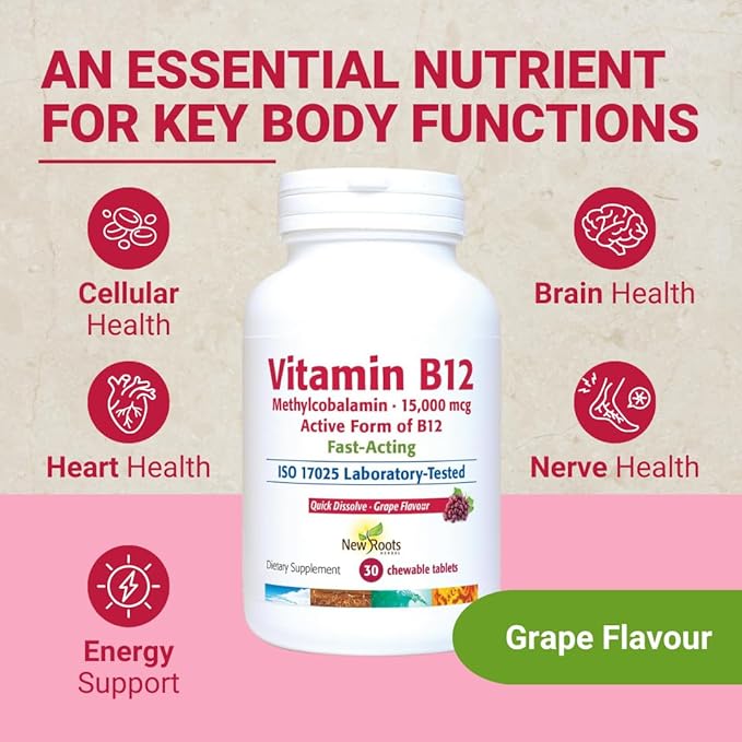 NEW ROOTS HERBAL Vitamin B12 Supplement Methylcobalamin (15000 mcg), Chewable Tablets, Fast Absorption, Grape Flavored (30 Pieces)