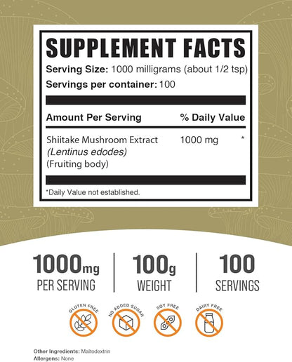 BulkSupplements.com Shiitake Mushroom Extract Powder - Shiitake Mushroom Powder Supplement, Immune Support - Vegan & Gluten Free, 1g per Serving,100g (3.5 oz) (Pack of 1)