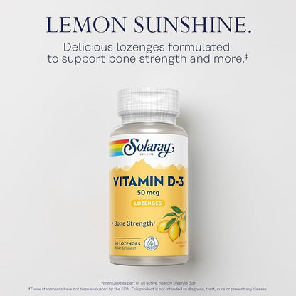 SOLARAY Vitamin D3 Lozenges 50mcg - 2000IU D3 Vitamin - Strong Bones, Muscle and Immune Support - Natural Lemon Flavor - Lab Verified, 60-Day Guarantee - 60 Servings, 60 Lozenges