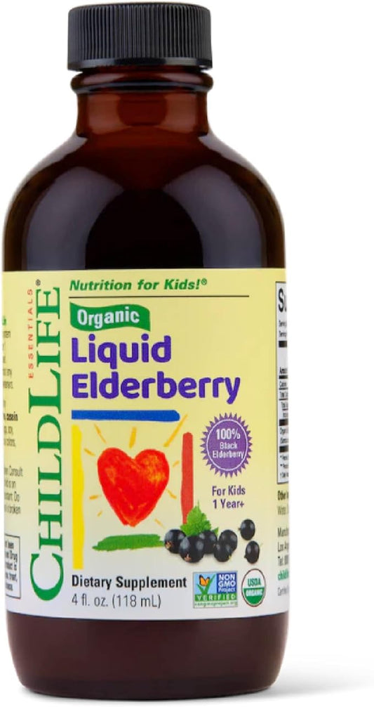 CHILDLIFE Essentials Organic Elderberry Syrup for Kids - Liquid Elderberry for Toddlers, Elderberry Extract Drops, Tincture for Babies, Toddlers, Children - 4 Fl Oz