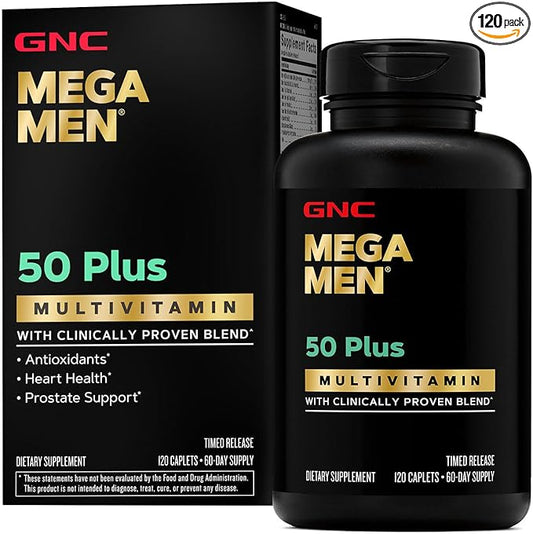 GNC Mega Men 50 Plus Multivitamin Caplets, Clinically Proven, Heart & Prostate Health, B Vitamins, Saw Palmetto, Memory, Vitamin D-3, 120 count