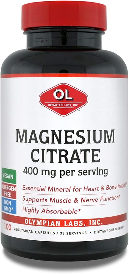 Olympian Labs Magnesium Citrate, 400mg 33 Servings, Support Healthy Nervous System, Muscle & Bone, 100 Capsules