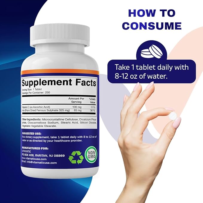 Vitamatic Ferrous Sulfate 325 mg with Vitamin C 100 mg (65 mg Elemental Iron) – High Potency Iron Supplement – No Artificial Colors – 250 Coated Tablets, Made in USA