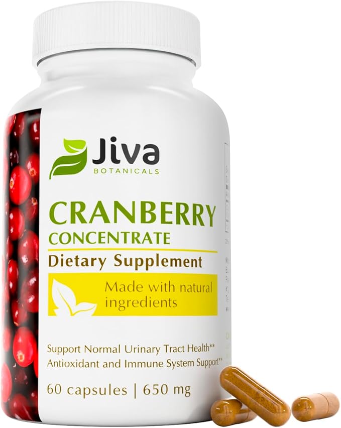 Jiva Botanicals Concentrated Cranberry Supplement - 650 mg Cranberry Powder Extract Pills for Women - High Potency for Normal Urinary Tract Health - 60 Capsules