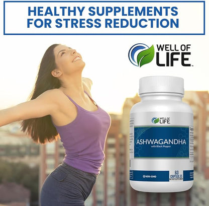 Well of Life: Organic Ashwagandha 650mg + Black Extract 60 Veg Capsules: Enhanced Sleep & Well-Being. Adrenal Health Support. Non-GMO, GMP Certified. Made in USA.