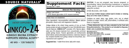 Source Naturals Ginkgo-24 - Ginkgo Biloba Extract Supports Mental Acuity* - 40 mg, 120 Tablets