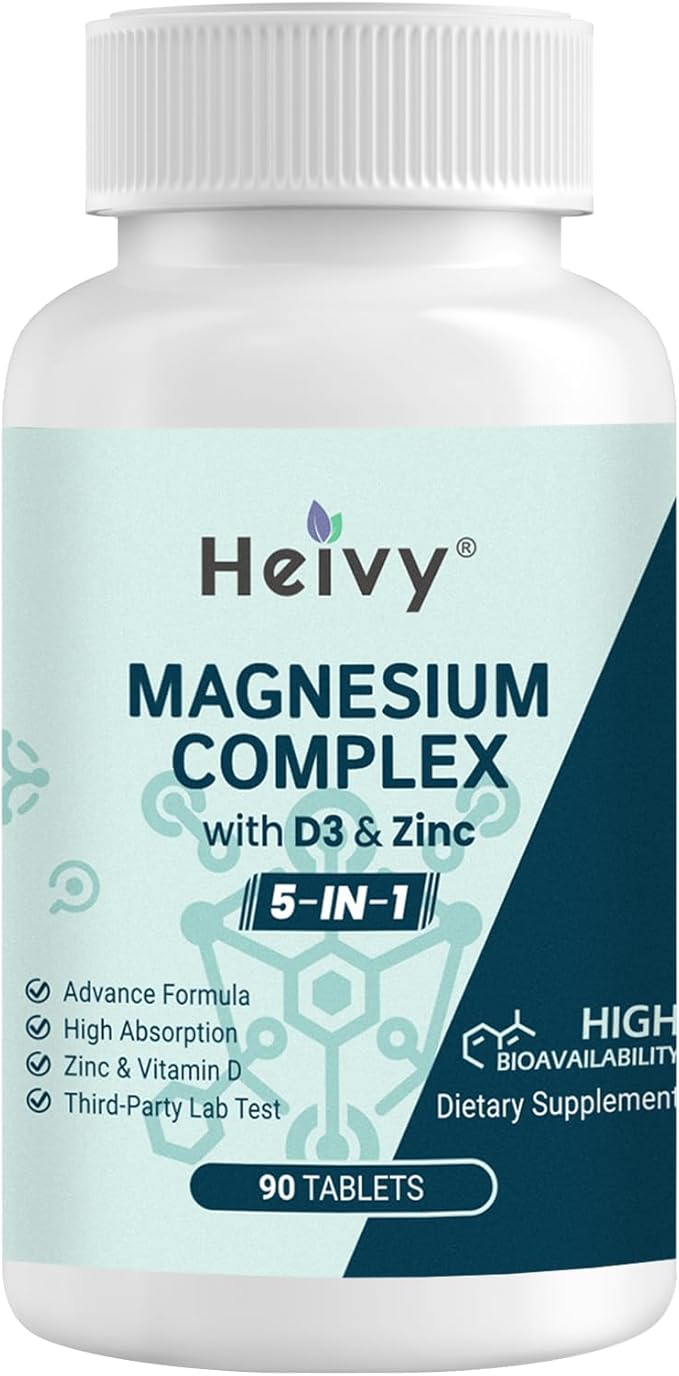 Magnesium Complex, Magnesium Glycinate, Citrate, Malate, Oxide, Gluconate with Zinc and Vitamin D3, Magnesium Supplement for Muscle, Nerve, Heart, Bone Support, High Absorption, 90 Tablets