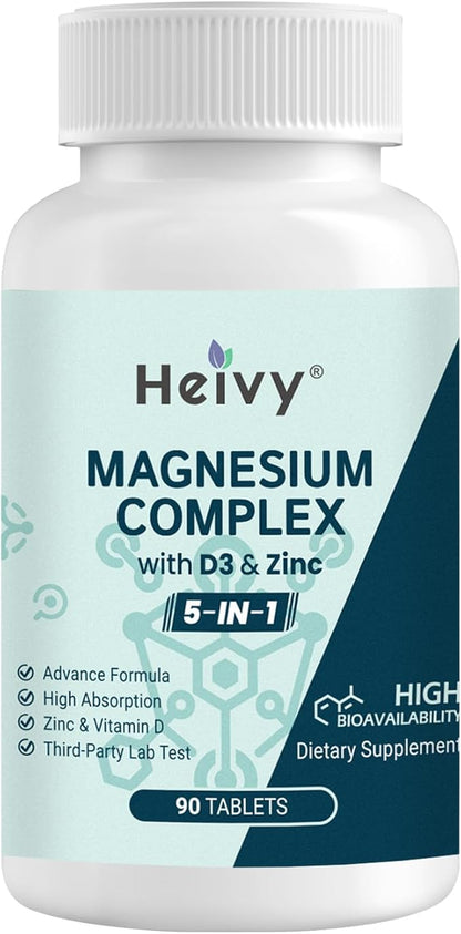 Magnesium Complex, Magnesium Glycinate, Citrate, Malate, Oxide, Gluconate with Zinc and Vitamin D3, Magnesium Supplement for Muscle, Nerve, Heart, Bone Support, High Absorption, 90 Tablets