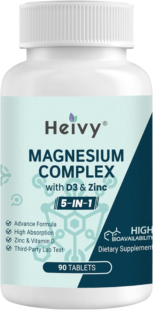 Magnesium Complex, Magnesium Glycinate, Citrate, Malate, Oxide, Gluconate with Zinc and Vitamin D3, Magnesium Supplement for Muscle, Nerve, Heart, Bone Support, High Absorption, 90 Tablets