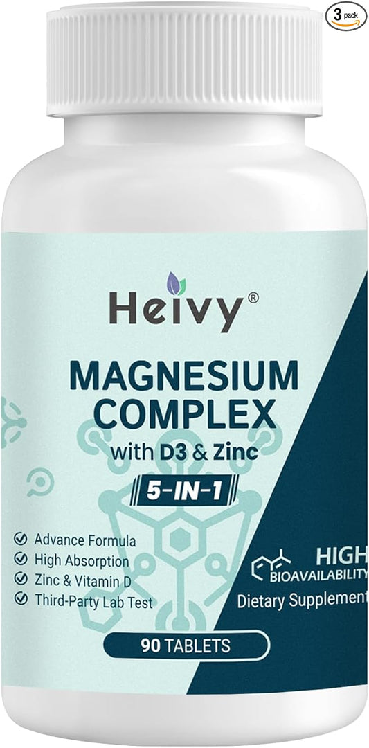 Magnesium Complex 3 Pack, Magnesium Glycinate, Citrate, Malate, Oxide, Gluconate with Zinc and Vitamin D3, Magnesium Supplement for Muscle, Nerve, Heart, Bone Support, High Absorption, 270 Tablets