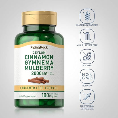 Piping Rock Ceylon Cinnamon Gymnema Mulberry Complex | 2000mg | 180 Capsules | Herbal Supplement | Concentrated Extract | Non-GMO, Gluten Free