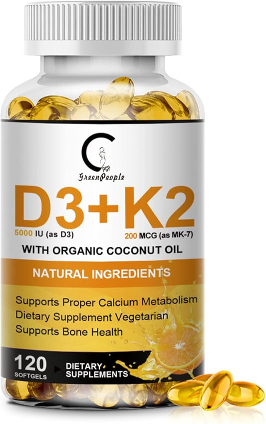 Vitamin D3 K2 Supplement with Vitamin D3 5000 IU, 200 mcg Vitamin K2 MK-7 & Natural Coconut Oil, Plant Based 2-1 Formula for Bone, Teeth, Muscle and Immune Health Support,120 Softgel Capsules
