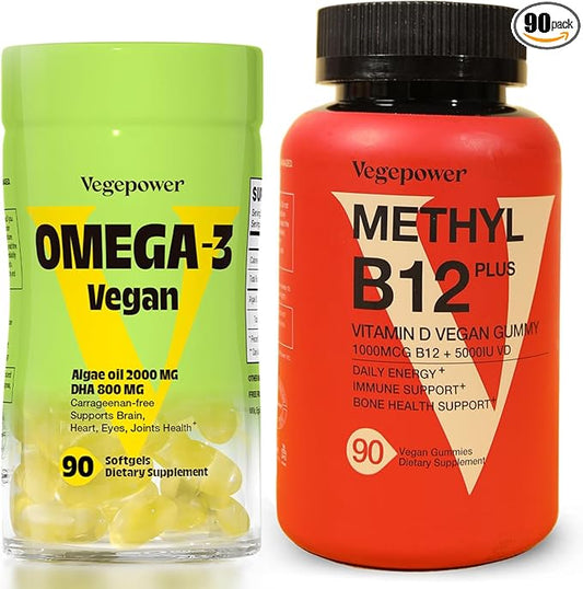 Vegan Omega-3 + Vitamin B12 Gummy | Algae Omega-3 DHA Supplements for Brain, Heart Eyes Health | Methyl B12 1000 mcg & Vitamin D 5000 IU for Energy and Immune Support - 90 Count