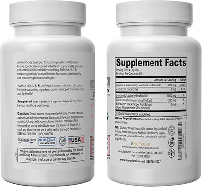 Superior Labs Lysine Immune Plus - Lip. Clinically Proven Lip Health & Support. L-Lysine Bound to HCI for Optimal Stability & Absorption for Fast Results. Bioactive with Zero Harmful Additives