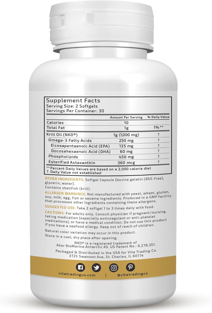 VTC VitaTradingCo. Krill Omega-3 Oil Supplement | 100mg Pure Antarctic Neptune Krill Oil (NKO) | EPA & DHA Astaxanthin | Brain, Heart, Joint & Eye Support | 60 Softgels