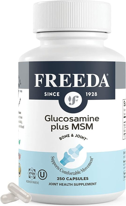 FREEDA Glucosamine MSM – Vegan Joint Flexibility & Mobility Supplement – Vegetarian Glucosamine Without Shellfish – Supports Joint Function – Third-Party Tested – (250 Capsules)
