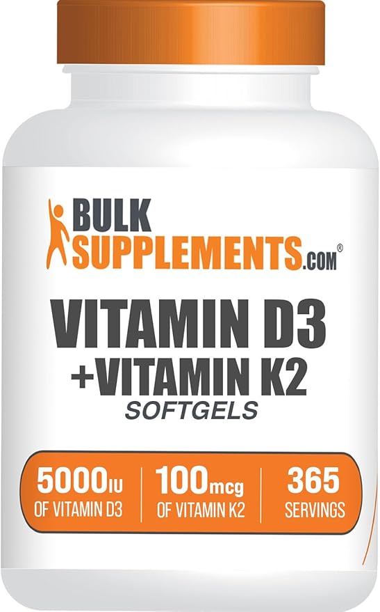 BulkSupplements.com Vitamin D3 + K2 5000 IU Softgels - D3 K2 Supplement, for Immune Health - Gluten Free, 1 Softgel per Serving, 365 Count (Pack of 1)