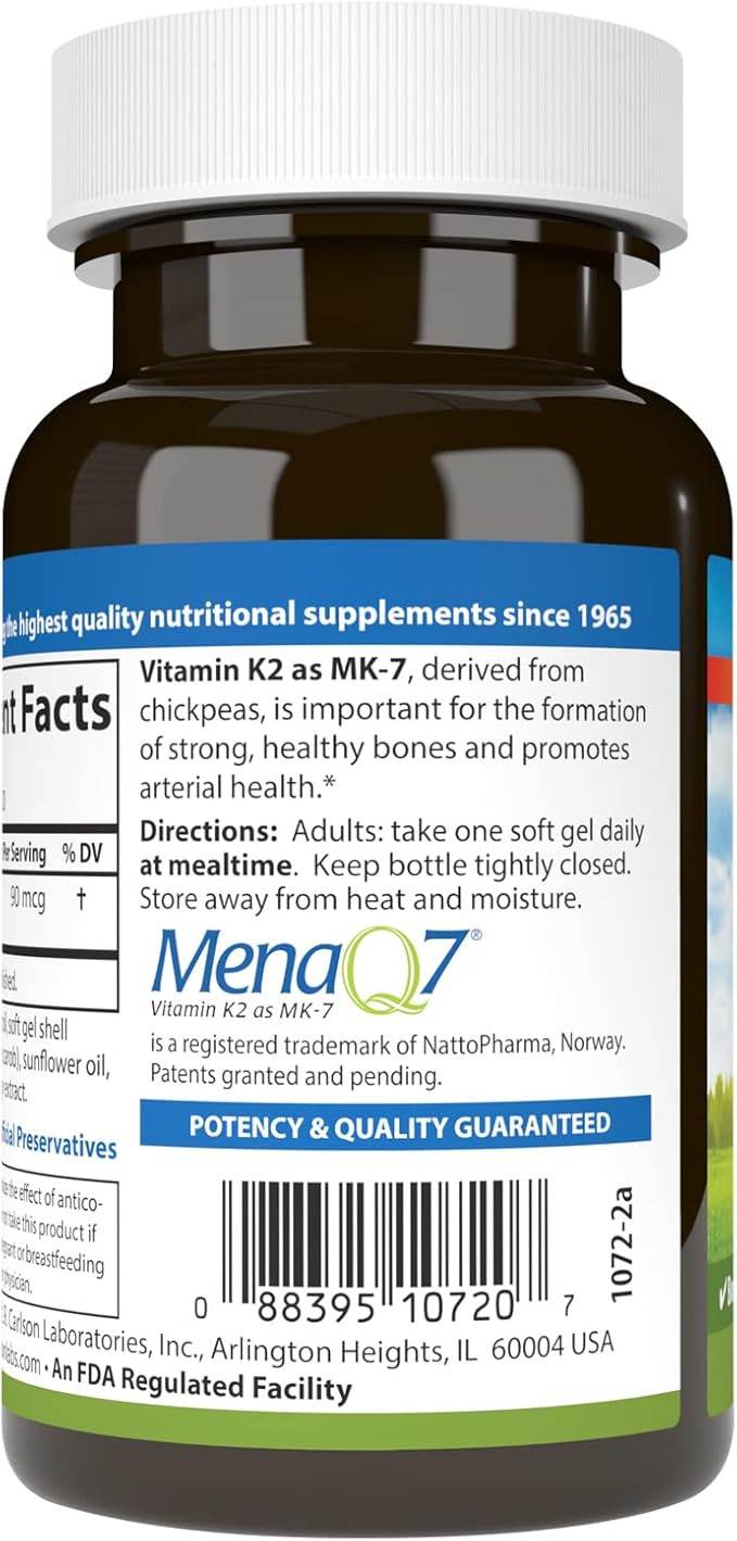 Carlson - Vitamin K2 MK-7 (Menaquinone), 90 mcg, Bone Support, Calcium Bioavailability, K2 Vitamin, Vitamin K-2, 120 Softgels