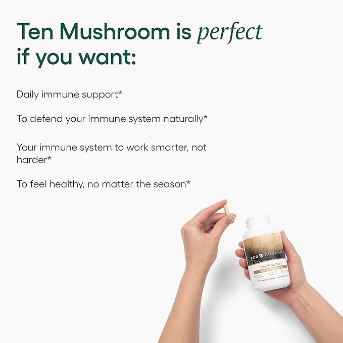 EcoNugenics Ten Mushroom Supplement: Daily Immune Support, 120 Capsules – Lion’s Mane, Reishi, Cordyceps, Turkey Tail, Maitake, Shiitake – Energy, Gut Health, Liver, Kidney & Nootropic Brain Support
