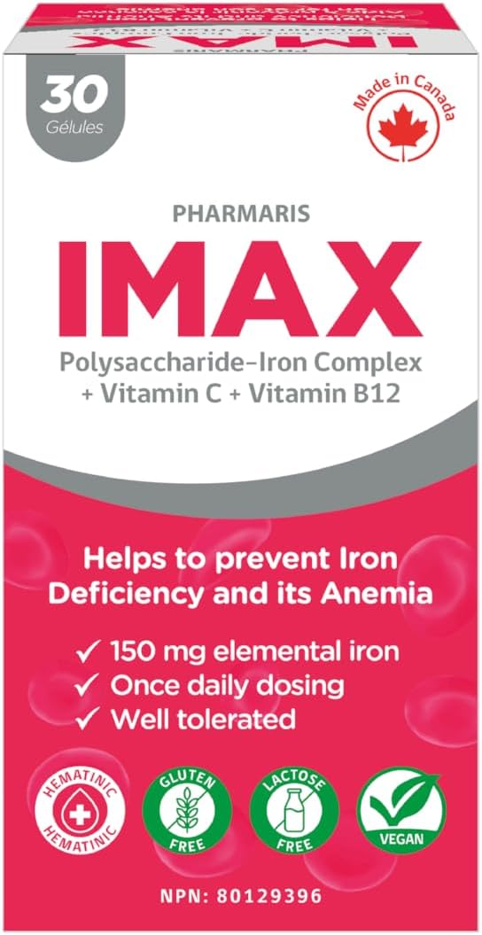 IMAX 150 mg Iron Supplement, 250 mg VIT C, 1000 mcg VIT B12, 30 Capsules, Treatment for Iron Deficiency Anemia, Once Daily Dosing