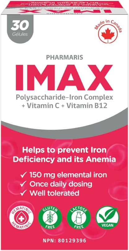 IMAX 150 mg Iron Supplement, 250 mg VIT C, 1000 mcg VIT B12, 30 Capsules, Treatment for Iron Deficiency Anemia, Once Daily Dosing