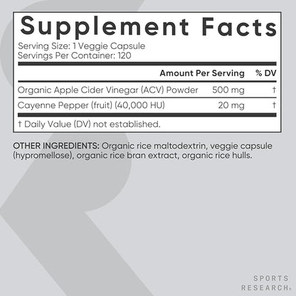 Sports Research Apple Cider Vinegar with Cayenne Pepper | Made from Organic Fermented Apple Cider - Non-GMO Project Verified & Vegan Certified (120 Veggie Capsules)