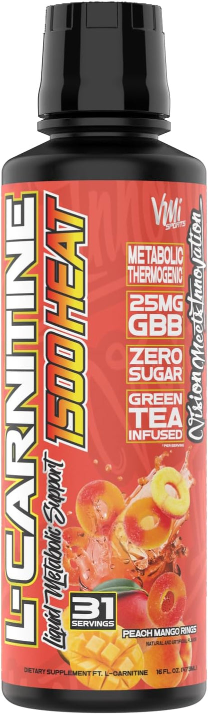 VMI Sports L-Carnitine 1500 Heat Stimulant Free Thermogenic Metabolic Support & Fat Loss for Men & Women | 1500mg L-Carnitine | Convenient Liquid (Peach Mango)