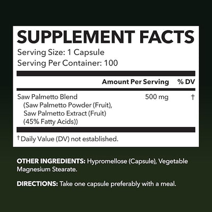 Saw Palmetto for Men Prostate Health Supplement to Promote Urinary Tract Function - 500mg Per Serving - 100 Count - DHT Blocker Hair Vitamin - Vegan, Non-GMO Capsules, Over 3 Month Supply