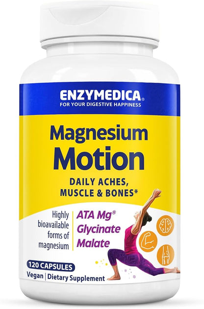 Enzymedica, Magnesium Motion with 3 Forms of Magnesium, ATA Mg, Glycinate, Malate, Soothes Occasional Aches, Supports Bones & Muscles, 120 Capsules