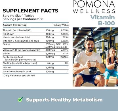 Pomona Wellness Vitamin B Complex Supplement with Folic Acid, High Potency Multivitamin, All 10 B Vitamins Including B12, Supports Energy Levels, Heart Health, Non-GMO, 50 Tablets