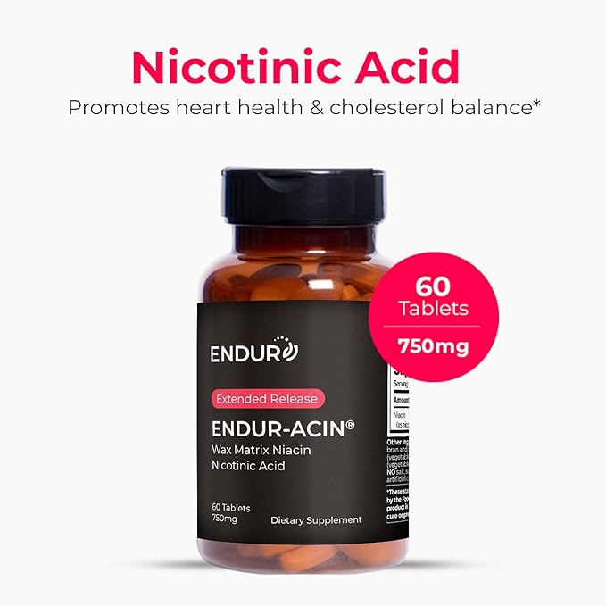 ENDUR-ACIN, Extended Release Niacin for Optimal Absorption & Flush Free Niacin, Premium Vitamin B3 Niacin Supplements, 750mg, 60 Tablets