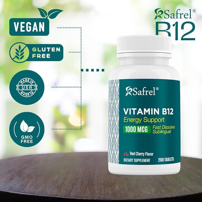 Safrel Vitamin B12 1000 mcg, 200 Fast Dissolve Tablets, Easy to Take Sublingual B12 Cherry Flavor, 200 Day Supply