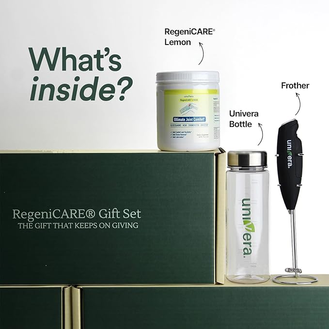 Univera RegeniCARE Gift Set with Bottle and Frother – Joint Support with Glucosamine, Univestin, MSM, Chondroitin – 30 Servings, Lemon