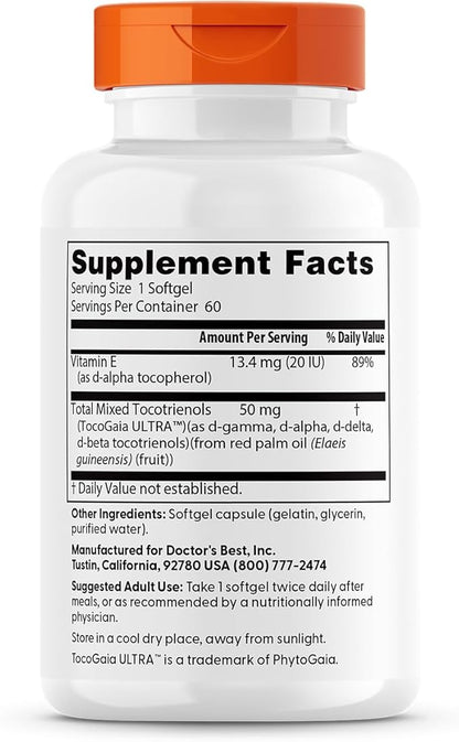 Doctor's Best Vitamin E Tocotrienols contains TocoGaia ULTRA™ bioenhanced full spectrum vitamin E complex, 60 Count