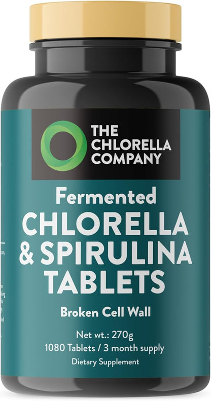 | Fermented Chlorella & Spirulina Tablets | Broken Cell Wall | 1,080 Tablets | Chlorophyll | Supergreens | Gluten-Free | Vegan | Non-GMO